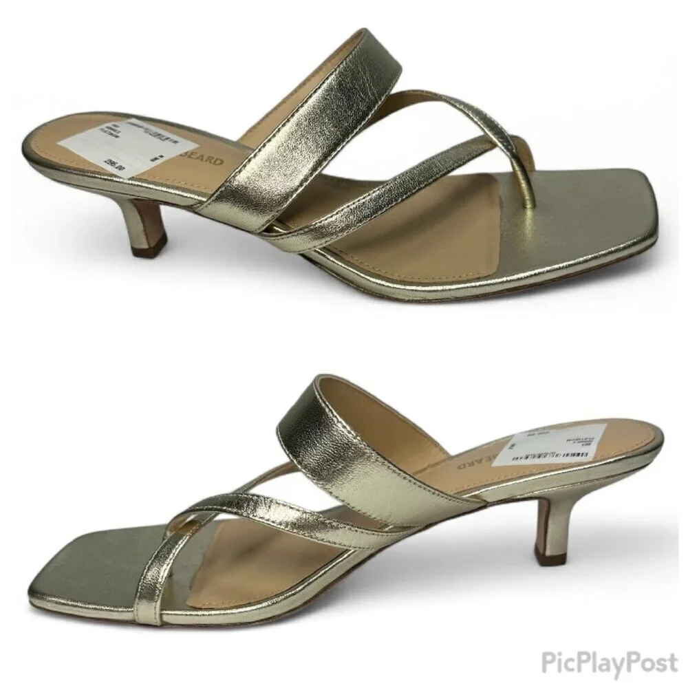 VERONICA BEARD Alanis Strappy Slip On Mid Heel Sandals, Gold, Size 8, NWOB
